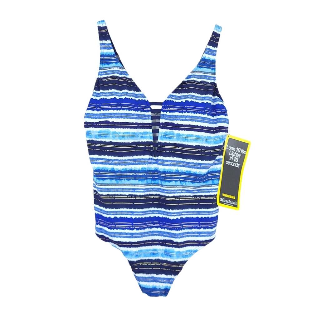 New Miraclesuit Dreamsuit One Piece Bathing Suit 16W Blue White Gold Metallic